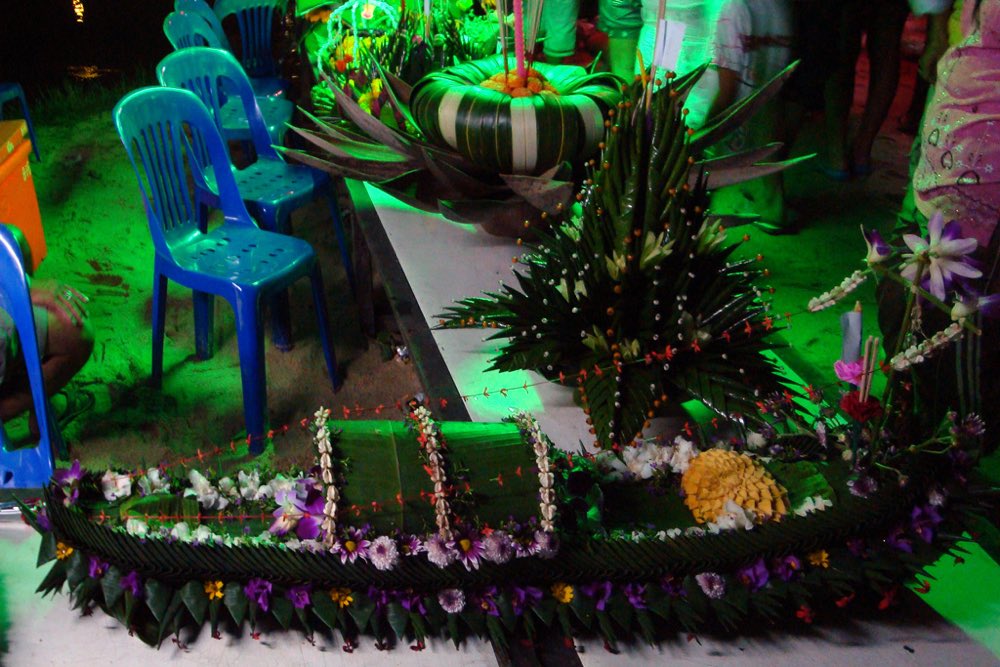 A krathong float of banana leaves and flowers